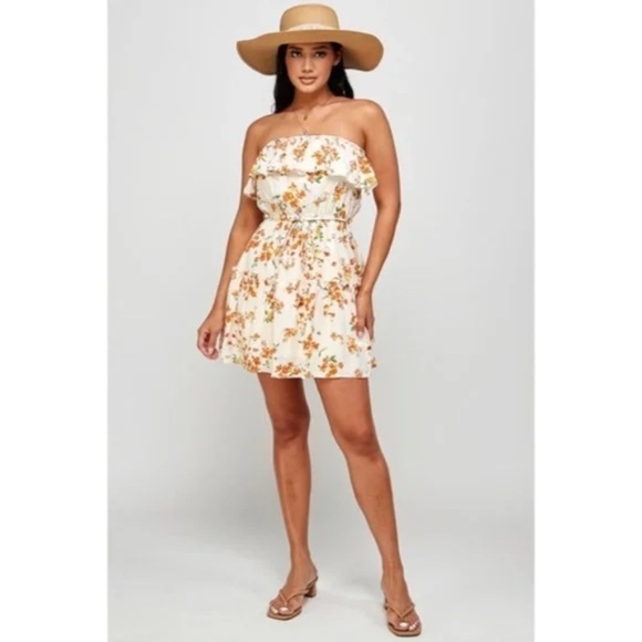 Cream Orange Floral Print Ruffle Trim Strapless Tube Casual Summer Mini Dress - Picture 4 of 6
